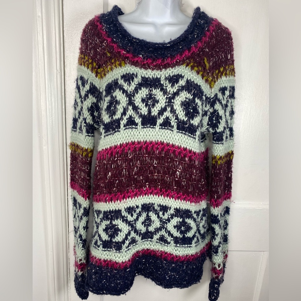 Free People Multicolor Fair Isle Crewneck Sweater in Cream, Black, Pink & Navy